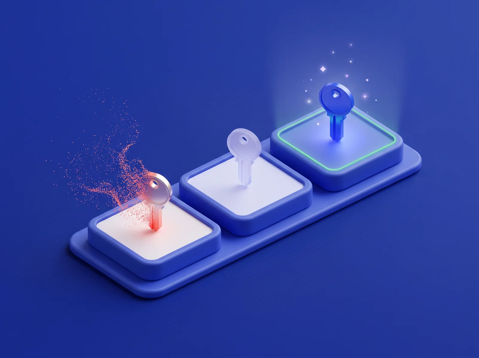 Three keys on calendar tiles. The oldest key dissolves, the newest one glows.